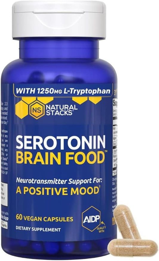 Serotonin Brain Food - 1250mg L-Tryptophan & 400mg Rhodiola Rosea Supplement - Mood Support Supplement for Stress Relief - Neurotransmitter Support with Magnesium Glycinate & Zinc - 120 Capsules