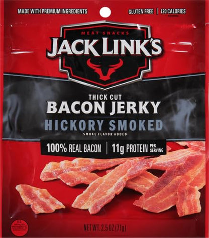 Jack Link's Bacon Jerky, Hickory Smoked - Flavorful Ready to Eat Meat Snack with 11g of Protein per Serving, Made with 100% Thick Cut Real Bacon, Protein Snack, Keto Friendly, 2.5 oz. (Pack of 4)