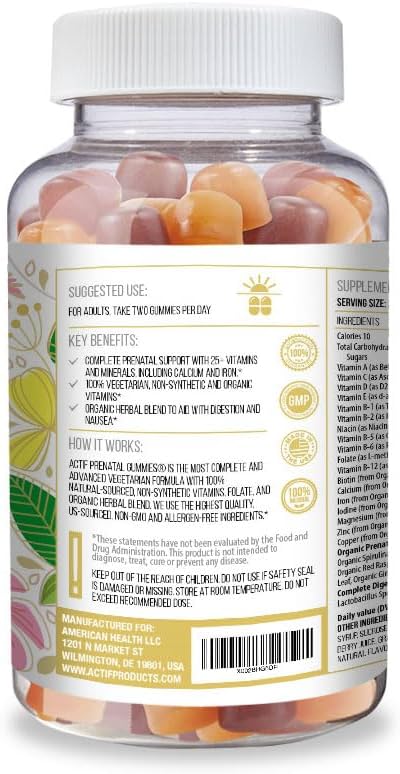 Actif Prenatal Gummies with 25+ Organic Vitamins and Organic Herbal Blend - Non-GMO, 100% Vegetarian, 90 Count, Made in USA