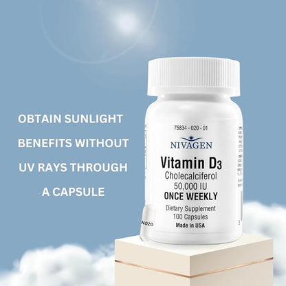 Nivagen Vitamin D3 50,000 IU (1250 mcg) | Once Weekly Dose | 100 Capsules (100 Weeks, Approx. 2 Years Supply) | Easy to Swallow | Bone, Muscle & Immune Support | Non-GMO, Gluten Free | Made in USA