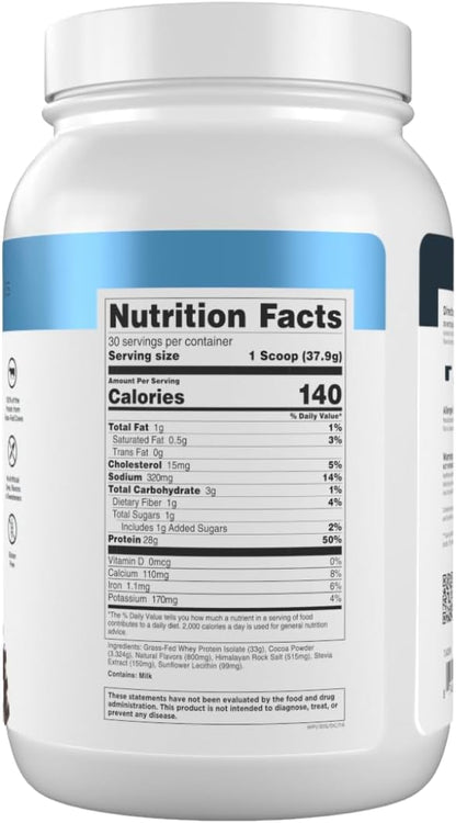Transparent Labs Grass-Fed Whey Protein Isolate - Naturally Flavored, Gluten Free Whey Protein Powder with 28g of Protein per Serving & 9 Amino Acids - 30 Servings, Dark Chocolate