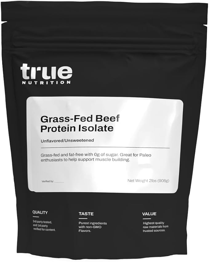True Nutrition Grass Fed Beef Protein Isolate Powder - 31g Protein per Serving - Zero Carb, Fat Free, Dairy Free, Non-GMO - Paleo, Keto, Carnivore - Unflavored/Unsweetened - 2lb
