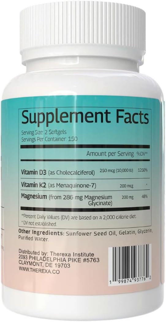 Vitamin D3 K2 Magnesium Supplement - Extra Strength with 10000 IU Vitamin D3, Magnesium Glycinate and 200 mcg K2 MK-7 Vitamin Supplements Complex, for Women & Men - 300 Softgels