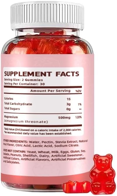 Magnesium Threonate Gummies,Magnesium Supplement,Strawberry Flavor,60Gummies,250mg Magnesium per Gummy,Muscle & Nerve Health,Stress Relief