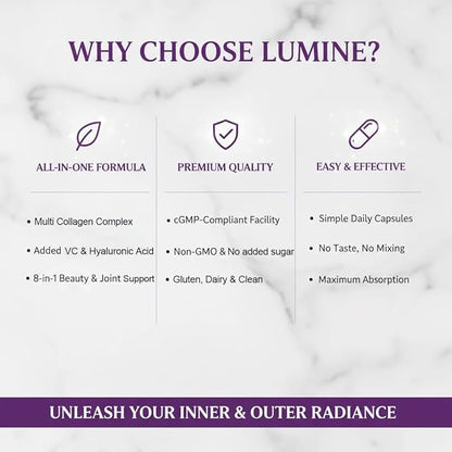 LUMINE Multi Collagen Complex Capsules – Hydrolyzed Protein Peptides Types I, II, III, V & X for Hair, Skin, Nails & Joint Support – Non-GMO, Gluten-Free & Easy to Swallow (120 Capsules)