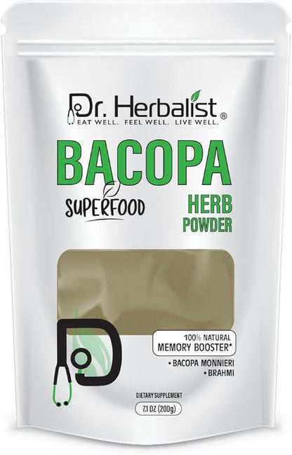 Dr. HERBALIST Bacopa Monnieri Extract Powder 200g - Brahmi Leaf Extract for Cognitive Wellness & Mental Performance