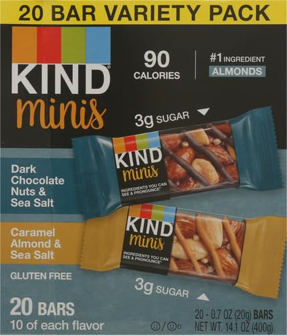 KIND Minis Snack Bars,Dark Chocolate Nuts & Sea Salt and Caramel Almond & Sea Salt,3g Sugar,Gluten Free Bars,Variety Pack,0.7 OZ,20 Count (Pack of 2)