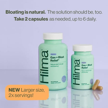 Hilma Natural Gas and Bloating Relief with Lemon Balm, Fennel & Peppermint Leaf, Doctor Formulated with Organic Ingredients, 100 Vegan Capsules