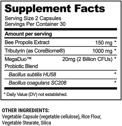 Beekeeper's Naturals Complete Gut Health, 3-in-1 Prebiotic, Postbiotic, Probiotics for Digestive Health & Bloating Relief for Women & Men, Propolis Powered, Gluten-Free Vegan Capsules, 28ct
