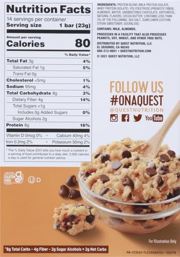 Quest Nutrition Mini Chocolate Chip Cookie Dough Protein Bars,8g Protein,1g Sugar,2g Net Carbs,Gluten Free,14 Count (Pack of 2)