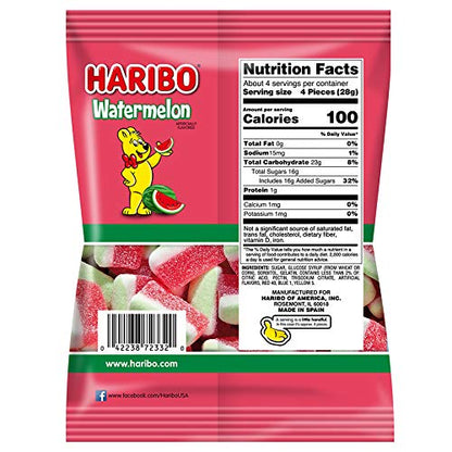 HARIBO Gummi Candy, Watermelon Gummy Candy, 4.1 Ounce Share Size Bags (Pack of 12) Delicious Soft, Chewy & Juicy Sweet Snacks, Fruity Watermelon Flavor