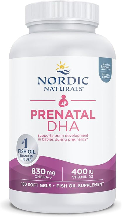 Nordic Naturals Prenatal DHA, Unflavored - 180 Soft Gels - 830 mg Omega-3 + 400 IU Vitamin D3 - Supports Brain Development in Babies During Pregnancy & Lactation - Non-GMO - 90 Servings