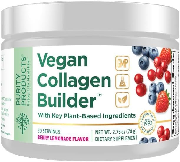 Vegan Collagen Builder Powder - Organic Whole Foods Fruits + Veg, Silica, Lutein, Vitamin C, Biotin - Amino Acids Glycine, Lysine + Proline Collagen Boosters (30 Servings, Berry Lemonade Flavor)