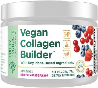 Vegan Collagen Builder Powder - Organic Whole Foods Fruits + Veg, Silica, Lutein, Vitamin C, Biotin - Amino Acids Glycine, Lysine + Proline Collagen Boosters (30 Servings, Berry Lemonade Flavor)