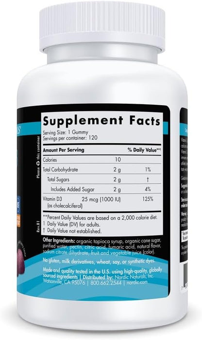 Nordic Naturals Vitamin D3 Gummies Sport, Wild Berry - 120 Gummies - 1000 IU Vitamin D3 - NSF Certified - Healthy Bones, Mood & Immune System Function - Non-GMO - 120 Servings