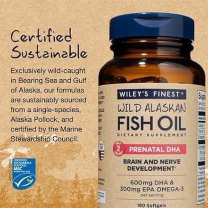 Wiley's Finest Wild Alaskan Fish Oil Prenatal DHA - 900mg EPA and DHA Omega-3s for Pregnant Women and Nursing Mothers - 180 Softgels (90 Prenatal Vitamin Servings)
