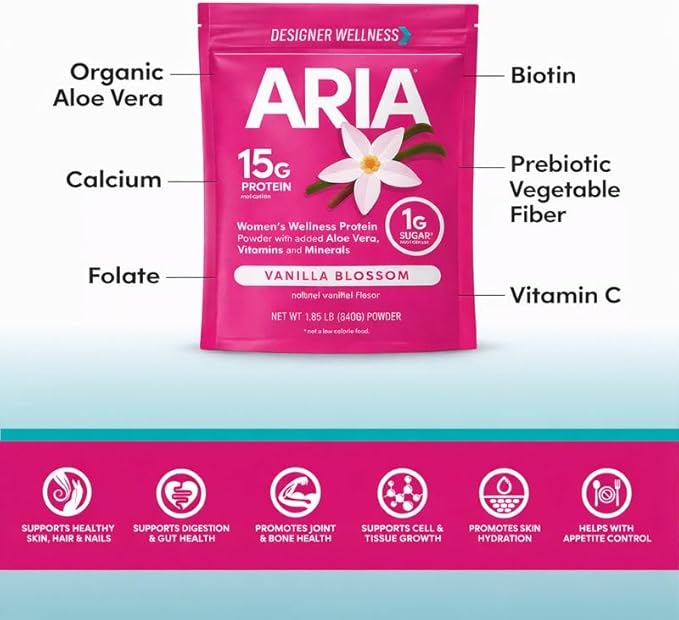 Designer Wellness, Aria, Women's Wellness Low Calorie Vanilla Protein Powder with Biotin, Vitamin C and Organic Aloe, Vanilla Blossom, 1.85 Pound