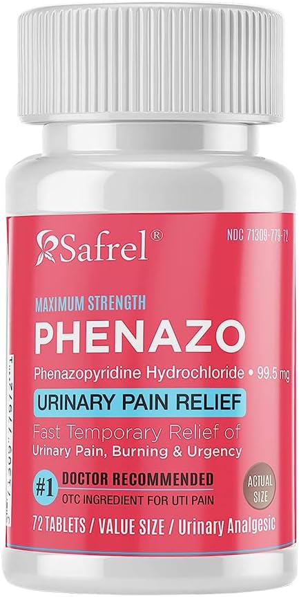 Safrel Urinary Pain Relief | UTI Relief | Fast Acting | Bladder Discomfort & Pain Relief | Phenazopyridine Hydrochloride 99.5mg (72 Count)