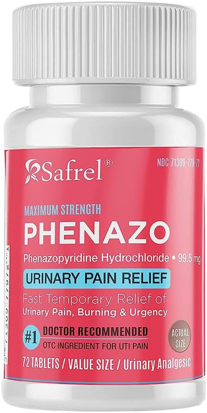 Safrel Urinary Pain Relief | UTI Relief | Fast Acting | Bladder Discomfort & Pain Relief | Phenazopyridine Hydrochloride 99.5mg (72 Count)