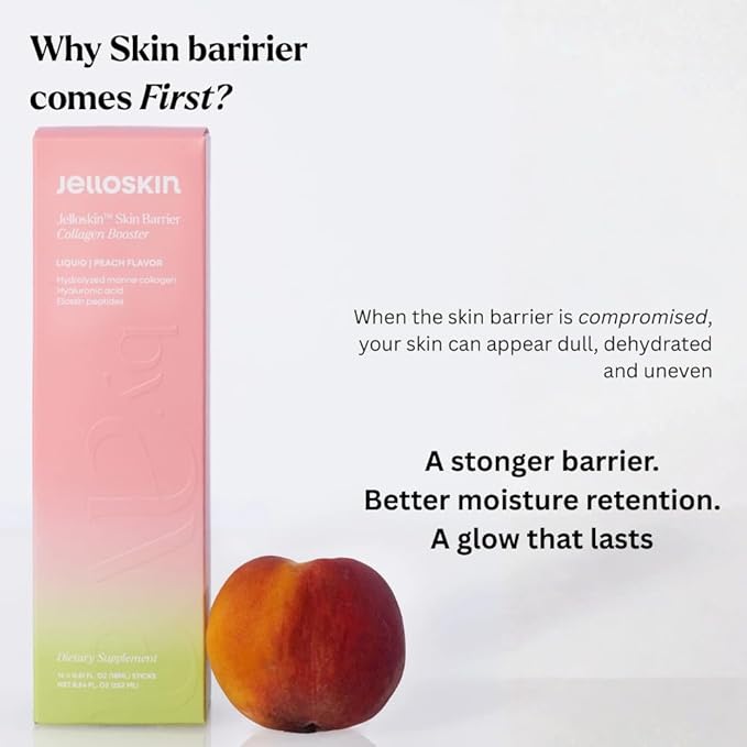 byAVA Jelloskin Skin Barrier Collagen Booster- Liquid Marine Collagen + Hyaluronic Acid + Elastin Peptides Supplements - Hair Skin and Nails | Hydrolyzed Fish Collagen for Women |Peach Flavor