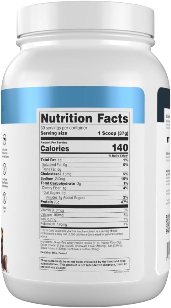 Transparent Labs Grass-Fed Whey Protein Isolate - Naturally Flavored, Gluten Free Whey Protein Powder with 28g of Protein per Serving & 9 Amino Acids - 30 Servings, Chocolate Peanut Butter