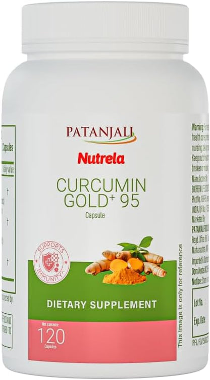 patanjali Nutrela Curcumin Gold+ with Salai Guggul & Black Pepper - 95% Curcuminoids Turmeric Supplement - Joint Support & Inflammation Relief - 120 Vegetarian Capsules