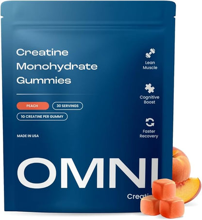 Creatine Monohydrate Gummies - Supports Muscle Growth, Recovery & Brain Function - Convenient & Easy to Take - Great Tasting Peach Flavor - 1g per Gummy, Low Sugar - 90 Count (Peach)