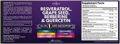 NEW AGE Resveratrol, Berberine, Grape Seed Extract, Quercetin - Polyphenol Supplement for Women and Men with Noni, N-Acetyl Cysteine, Acai - 60 Capsules