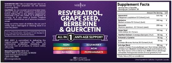 NEW AGE Resveratrol, Berberine, Grape Seed Extract, Quercetin, Polyphenol Supplement for Women and Men with Noni, N-Acetyl Cysteine, Acai - 180 Capsules