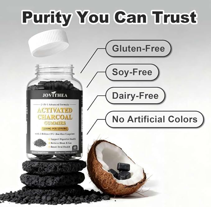 2 Pack Activated Charcoal Gummies 1200mg, with Organic Coconut Shell Charcoal & 2 Billion Probiotics, Natural Gas & Bloating Relief, Digestive Support, Non-GMO, Vegan, Gluten Free,Blueberry Flav,120Ct