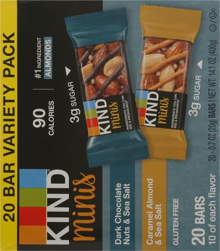 KIND Minis Snack Bars,Dark Chocolate Nuts & Sea Salt and Caramel Almond & Sea Salt,3g Sugar,Gluten Free Bars,Variety Pack,0.7 OZ,20 Count (Pack of 2)