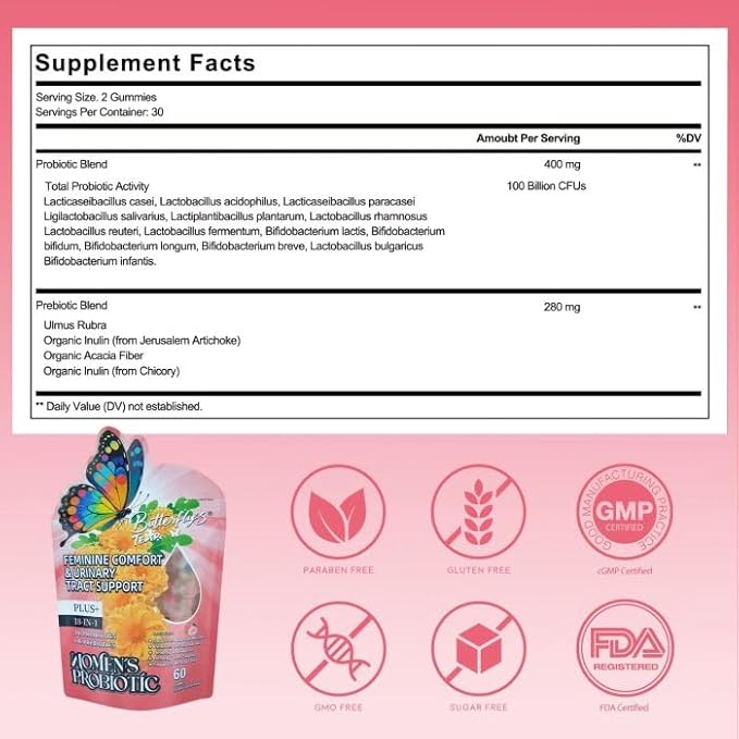 BUTTERFLY'S TEAR Women's Probiotic Gummies | 18-in-1 Feminine Comfort & Urinary Tract Support | 14 Probiotics + 4 Prebiotics | Peach Flavor | Intimate Moisture, pH Balance, Healthy Flora, 180 Chew