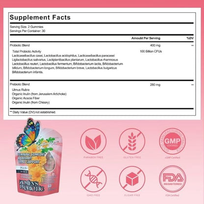 BUTTERFLY'S TEAR Women's Probiotic Gummies | 18-in-1 Feminine Comfort & Urinary Tract Support | 14 Probiotics + 4 Prebiotics | Peach Flavor | Intimate Moisture, pH Balance, Healthy Flora, 180 Chew