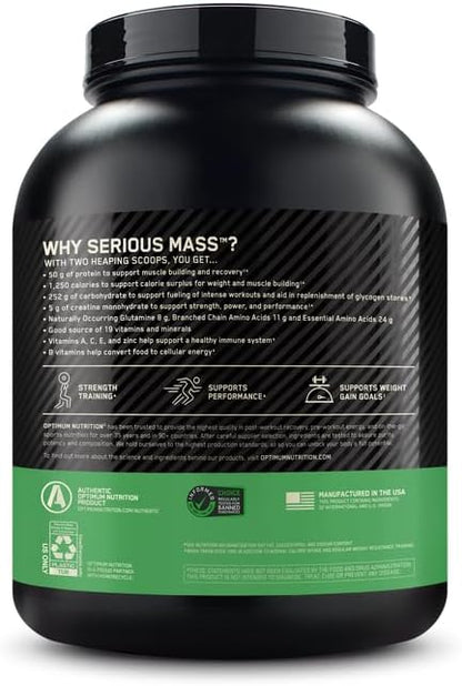 Optimum Nutrition Serious Mass, Weight Gainer Protein Powder, Mass Gainer, Vitamin C and Zinc for Immune Support, Creatine, Banana, 6 Pound (Packaging May Vary)