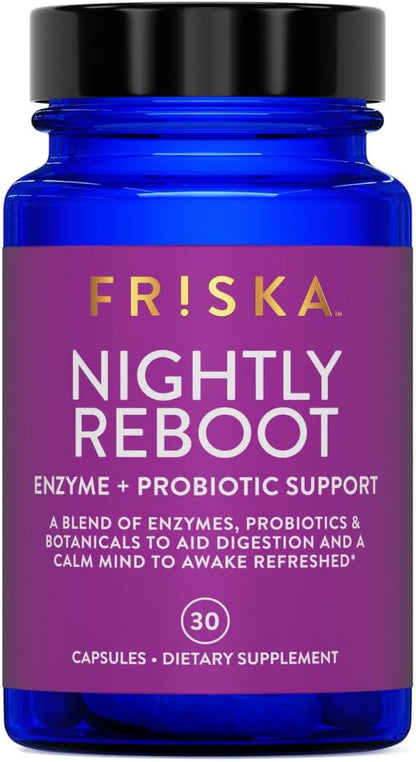 Friska Nightly Reboot - Nighttime Digestive Enzymes, Probiotic for Gut Balance & Bloating Support, with Melatonin & Chamomile to Promote Relaxation & Sleep, 30 Capsules