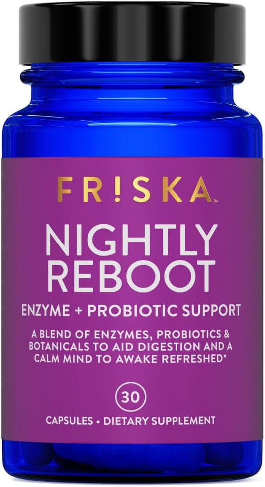 Friska Nightly Reboot - Nighttime Digestive Enzymes, Probiotic for Gut Balance & Bloating Support, with Melatonin & Chamomile to Promote Relaxation & Sleep, 30 Capsules