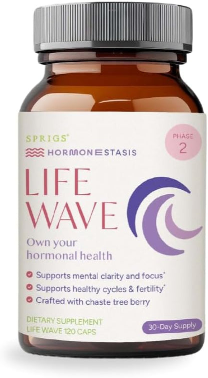 SPRIGS Life Wave Phase 2 Hormonal Support Kit for Women | Supplements for Healthy Hormone Balance, Regular Menstrual Cycle, Balanced Mood & Fertility | 120 Herbal Capsules & 60 Wheat Germ Oil Softgels