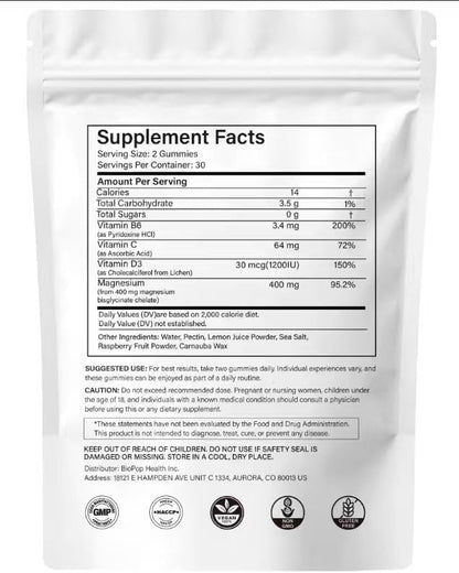 Hywebvctok 400mg Magnesium Bisglycinate Gummies with Vitamin B6, C, D3, Promotes Muscle & Nerve Function, Relaxation & Wellness, Raspberry Flavor, 60 Count