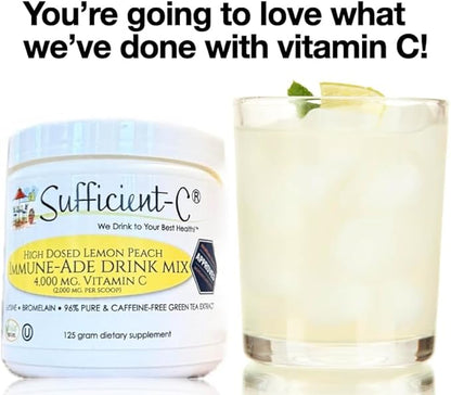 Sufficient-C High Dose Non-GMO Vitamin C Lemon Peach Immune-Ade Drink Mix, Convenient 125 Gram Size w/L-lysine, Bromelain & a Premium 96% Pure Green Tea Extract - Stomach Friendly, Adrenal Supportive