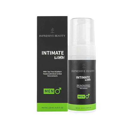 Impressive Beauty Intimate Wash for Men Natural Organic with Tea Tree Oil | pH Balanced Foam Cleansing | Removes Sweat, Bad Odor, Itching, and Irritation | 4.05 fl. oz.