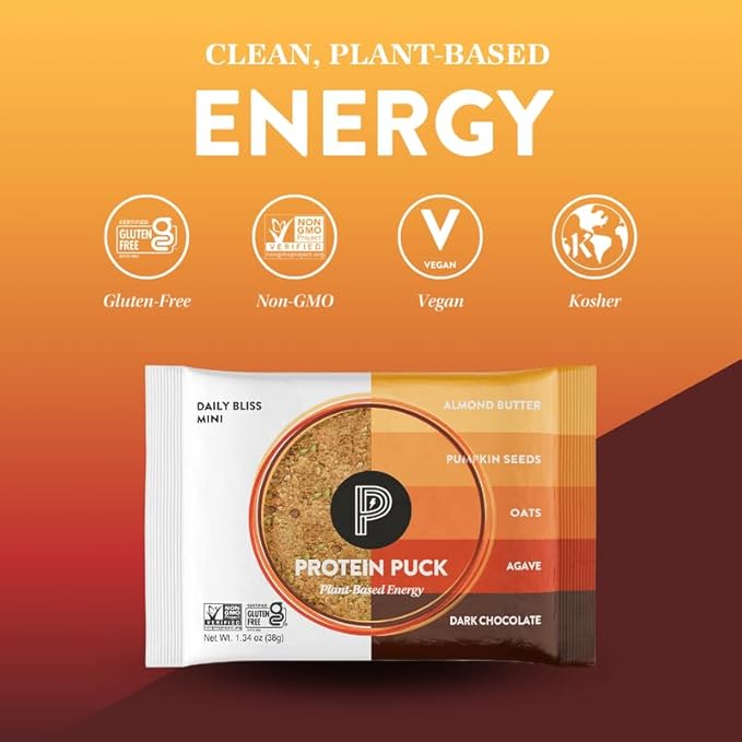 Protein Puck Vegan Plant based Protein Bar – Natural Healthy Snack Bars, 12 Count, 1.34oz Mini, Gluten Free, Dairy Free, No GMO, Kosher – Daily Bliss - Dark Chocolate, Almond Butter, Sport Nutrition