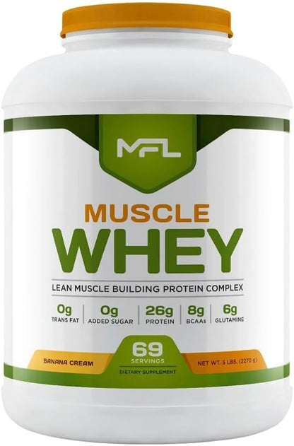 MFL Muscle Whey Protein l 28g of Protein l 8g BCAAs l Keto Friendly l Low Carbs l 5 lbs. (Banana Cream)