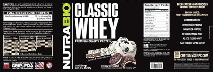 NutraBio Classic Whey Protein Powder- 25G Protein Per Scoop - Full-Spectrum Amino Acid Profile - No Fillers, Artificial Colors, Preservatives - Low Glycemic Index - (Ice Cream Cookie Dream, 2 Pounds)
