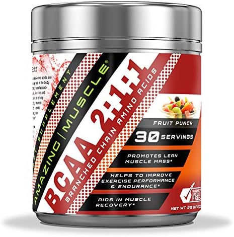 Amazing Muscle BCAA 2:1:1 Branched Chain Amino Acids Supplement | 6,000 Mg Per Serving | Fruit Punch Flavor | 30 Servings