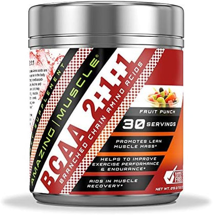 Amazing Muscle BCAA 2:1:1 Branched Chain Amino Acids Supplement | 6,000 Mg Per Serving | Fruit Punch Flavor | 30 Servings