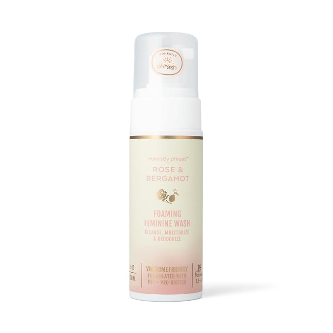 Honestly pHresh Foaming Feminine Wash for Women – pH Balanced Natural Intimate Cleanser with Prebiotics & Probiotics. Vegan, Sensitive Skin Safe. Made In USA - Rose & Bergamot Scent, 5 oz