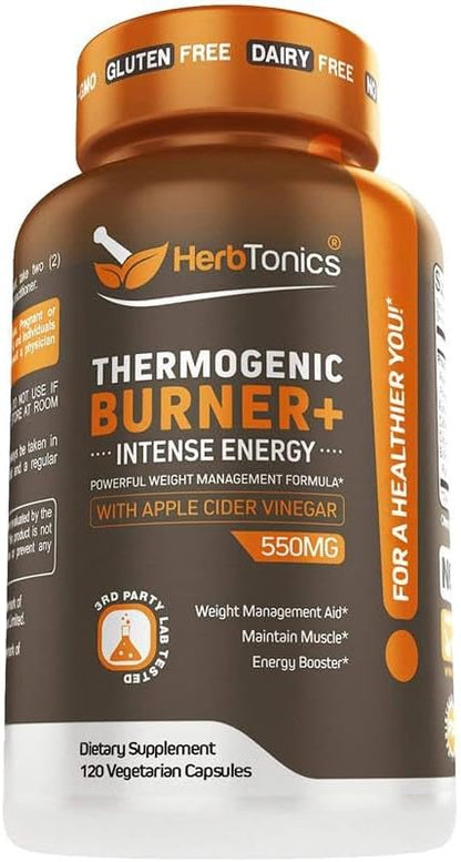 Herbtonics Thermogenic Supplement | Metabolic Health & GLP-1 Support for Men & Women | Clean Energy & Mental Focus | ACV, Green Tea Extract & Caffeine | 120 Veg Capsules