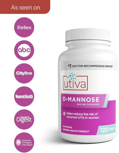 Szio+ Utiva D-Mannose 500mg Capsules – Naturally Flush The Bladder and Urinary Tract – UTI Avoidance – D Mannose Supplements for Women – Supports Urinary Tract Infection Treatments, 120 Capsules