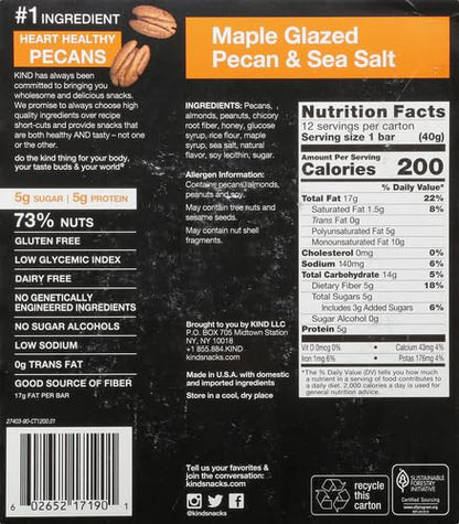 KIND Nut Bars,Maple Glazed Pecan & Sea Salt,Healthy Snacks,Gluten Free,Low Sugar,5g Protein,(Pack of 24)