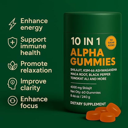 Alpha Gummies 10 in 1 for Men | 4000mg Himalayan Alpha Shilajit Gummies for Energy & Immune | 75% Fulvic Acid, 85+ Trace Minerals, Ashwagandha, Gokshura | No Added Sugar, Non-GMO, 60 Count (1)